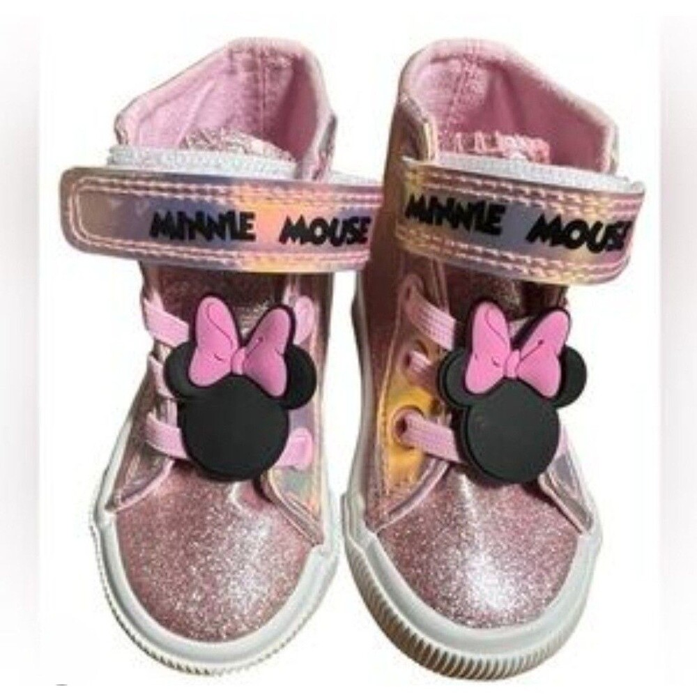 Disney Minnie Mouse Toddler Girl High-Top Sneakers Pink Glitter Size 4 EUC